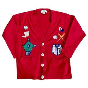 Vintage 90s Belle Pointe Baseball Embroidered Cardigan Sweater Large